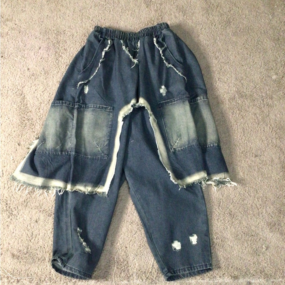 Distressed Denim Patchwork Pants